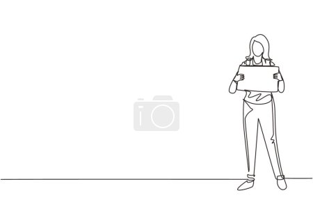 Illustration for Single one line drawing happy woman traveler hitchhiking. Young tourists with backpacks trying catch car on road. Vacation and trip concept. Continuous line draw design graphic vector illustration - Royalty Free Image
