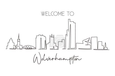 Illustration for Continuous one line drawing Wolverhampton skyline, England. Famous city scraper landscape. World travel home wall decor art poster print concept. Single line draw design vector graphic illustration - Royalty Free Image