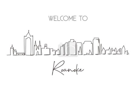 Illustration for Single continuous line drawing Roanoke city skyline, Virginia. Beautiful landmark. World landscape tourism travel home wall decor poster print art. Dynamic one line graphic design vector illustration - Royalty Free Image