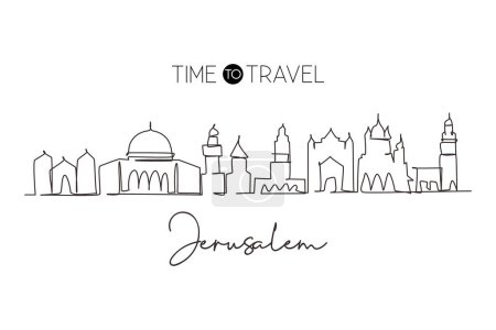 Illustration for Single continuous line drawing Jerusalem holy city skyline, Palestine. Historical town landscape in the world. Best holiday destination. Editable stroke trendy one line draw design vector illustration - Royalty Free Image