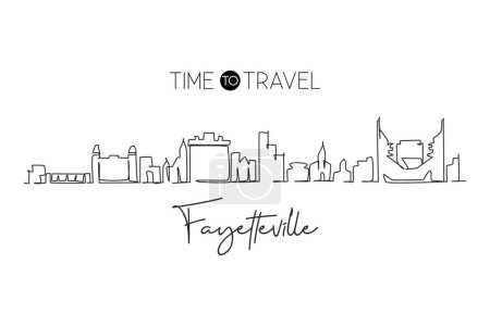 Illustration for Continuous one line drawing Fayetteville city skyline, Arkansas. World historical town landscape. Best holiday destination postcard print. Editable stroke trendy Single line draw design vector graphic - Royalty Free Image