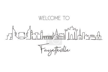 Illustration for Single one line drawing Fayetteville skyline, Arkansas. Famous city scraper landscape. World travel home wall decor art poster print concept. Continuous line draw design graphic vector illustration - Royalty Free Image