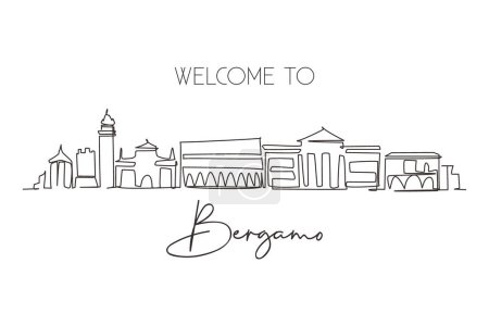 Illustration for Single continuous line drawing Bergamo city skyline, Italy. Historical town landscape in world. Best holiday destination wall decor. Editable stroke trendy one line draw design vector illustration - Royalty Free Image