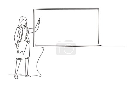 Photo for Continuous one line drawing woman teacher professor standing in front of blackboard teaching student in classroom. College class or university teacher teach in classroom. Single line design vector - Royalty Free Image