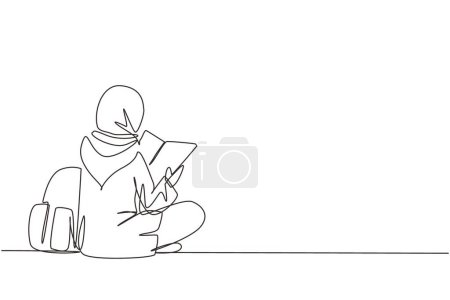 Téléchargez les illustrations : Ligne continue simple dessin vue de retour jeune femme arabe assis sur le livre de lecture par terre. Étudiant se prépare à l'examen, retour à l'école d'acquérir des connaissances. Illustration vectorielle de dessin à une ligne - en licence libre de droit