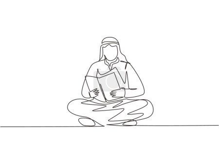 Téléchargez les illustrations : Dessin continu d'une ligne L'homme arabe est assis sur le livre de lecture par terre. Étudiant se prépare pour l'examen, candidat se prépare pour l'admission, amoureux du livre lit. Vecteur de dessin à ligne unique - en licence libre de droit