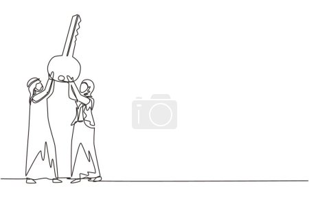 Illustration for Single continuous line drawing Arabian businessman and businesswoman lift up big key, symbol of success. Male and female hold together key. Partnership can lead to success. One line draw design vector - Royalty Free Image