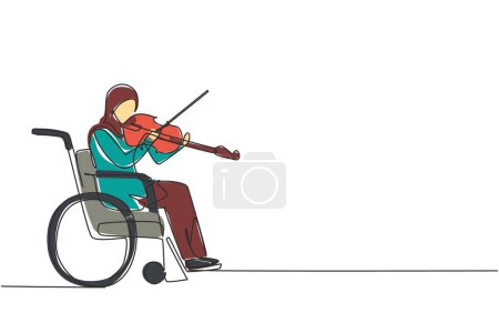 Téléchargez les illustrations : Une ligne continue dessinant handicap et musique. Femme arabe en fauteuil roulant joue du violon. Handicapés physiques. Personne à l'hôpital. Patient du centre de réadaptation. Graphisme vectoriel de dessin à ligne unique - en licence libre de droit
