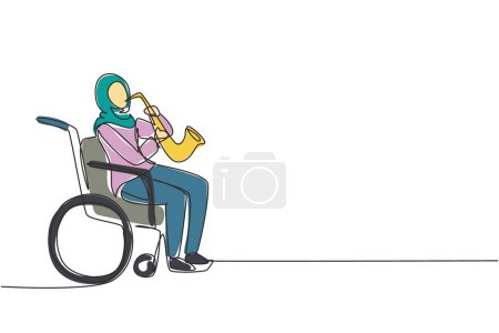 Téléchargez les illustrations : Une seule ligne dessiner femme arabe assis en fauteuil roulant joue saxophone. Handicap, musique classique. Handicapés physiques. Personne à l'hôpital. Illustration vectorielle graphique de dessin en ligne continue - en licence libre de droit