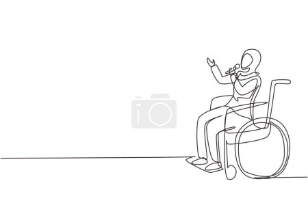 Téléchargez les illustrations : Ligne continue simple dessinant la personne handicapée appréciant la vie. Femme arabe assise en fauteuil roulant chantant au karaoké. Passez du temps dans un lieu de loisirs. Illustration vectorielle de dessin graphique à une ligne - en licence libre de droit