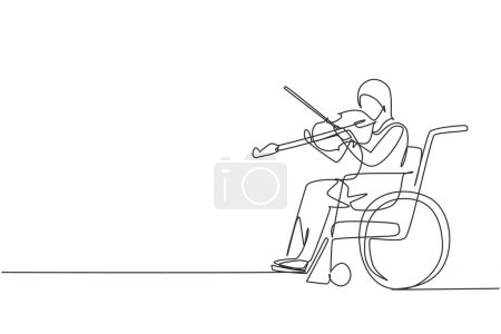 Téléchargez les illustrations : Une ligne continue dessinant handicap et musique. Femme arabe en fauteuil roulant joue du violon. Handicapés physiques. Personne à l'hôpital. Patient du centre de réadaptation. Graphisme vectoriel de dessin à ligne unique - en licence libre de droit