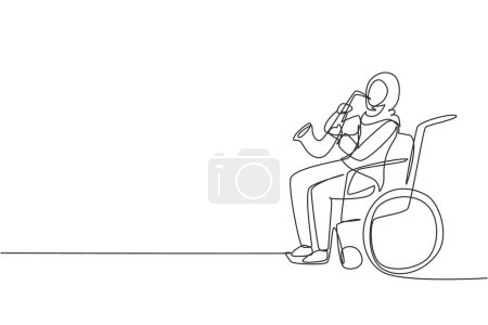 Téléchargez les illustrations : Une seule ligne dessiner femme arabe assis en fauteuil roulant joue saxophone. Handicap, musique classique. Handicapés physiques. Personne à l'hôpital. Illustration vectorielle graphique de dessin en ligne continue - en licence libre de droit