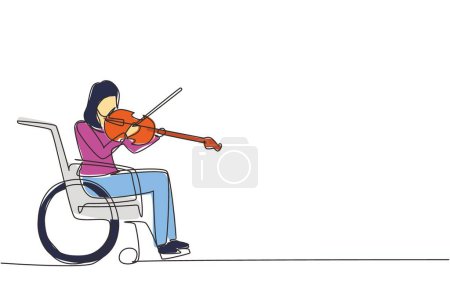 Téléchargez les illustrations : Ligne de dessin unique continu handicap et musique. Femme en fauteuil roulant joue du violon. Handicapés physiques, jambe cassée. Personne à l'hôpital. Patient du centre de réadaptation. Un vecteur de dessin de ligne - en licence libre de droit