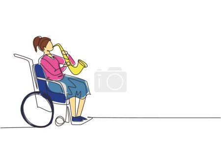 Téléchargez les illustrations : Continu une ligne dessin femme assis en fauteuil roulant joue saxophone. Handicap et musique classique. Handicapés physiques, fracture. Personne à l'hôpital. Graphisme vectoriel de dessin à ligne unique - en licence libre de droit