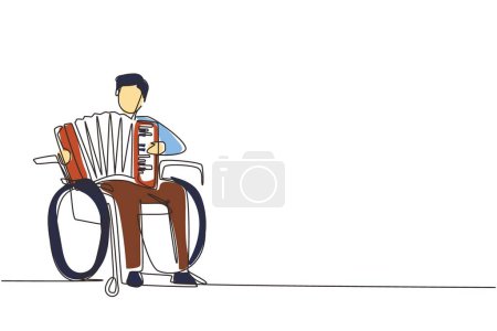 Téléchargez les illustrations : Un seul dessin en ligne continue handicapé bel homme en fauteuil roulant jouant de la musique d'accordéon. Handicapés physiques. Personne à l'hôpital. Patient du centre de réadaptation. Un vecteur de dessin de ligne - en licence libre de droit