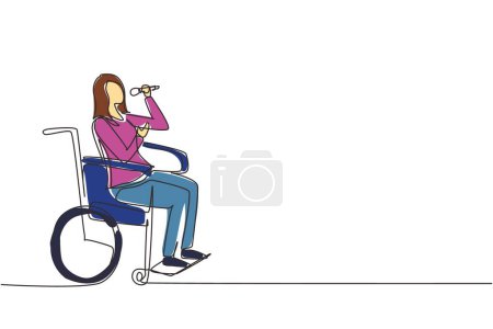 Téléchargez les illustrations : Une ligne continue dessinant la personne handicapée appréciant la vie. Belle femme assise en fauteuil roulant chantant au bar karaoké. Passez du temps dans un lieu de loisirs. Illustration vectorielle de dessin à ligne unique - en licence libre de droit