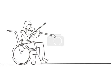 Téléchargez les illustrations : Ligne de dessin unique continu handicap et musique. Femme en fauteuil roulant joue du violon. Handicapés physiques, jambe cassée. Personne à l'hôpital. Patient du centre de réadaptation. Un vecteur de dessin de ligne - en licence libre de droit