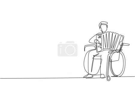 Téléchargez les illustrations : Un seul dessin en ligne continue handicapé bel homme en fauteuil roulant jouant de la musique d'accordéon. Handicapés physiques. Personne à l'hôpital. Patient du centre de réadaptation. Un vecteur de dessin de ligne - en licence libre de droit