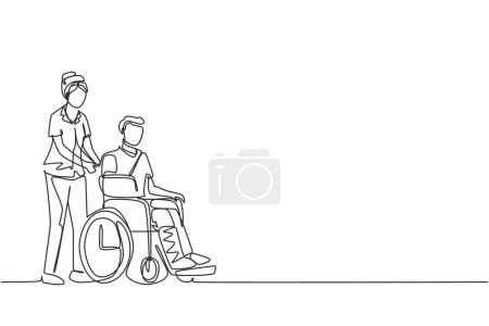 Continuous one line drawing disabled male with broken hand, leg riding wheelchair with nurse assistance. Man patient in traumatology hospital. Disability. Single line draw design vector illustration