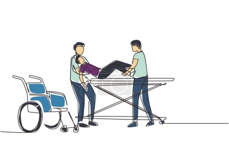 Illustration for Single one line drawing unconscious man patient in emergency room. Nurse, wearing white coat with wheelchair. Nurse boys, putting down young male on gurney. Continuous line draw design graphic vector - Royalty Free Image