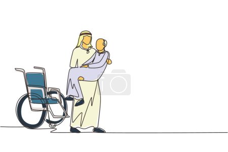 Illustration for Continuous one line drawing loving Arab son took his old disabled father from wheelchair carrying him in his arms. Happy senior man in hugs of his strong child. Single line draw design vector graphic - Royalty Free Image