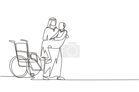Illustration for Continuous one line drawing loving Arab son took his old disabled father from wheelchair carrying him in his arms. Happy senior man in hugs of his strong child. Single line draw design vector graphic - Royalty Free Image