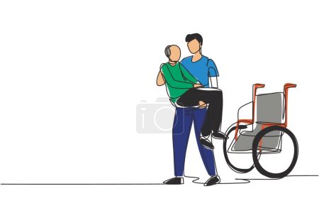 Illustration for Single continuous line drawing loving son took his old disabled father from wheelchair carrying him in his arms. Happy senior man in hugs of his strong child. One line draw design vector illustration - Royalty Free Image
