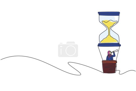 Eine durchgehende Linie zeichnet arabische Geschäftsfrau in Heißluftballon-Sanduhr, die mit dem Teleskop schaut. Geschäftszeitmanagement. Erfolg, Champion, Sandglas. Einzeiliges Zeichnen Design Vektor Illustration