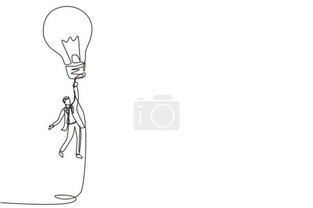 Single continuous line drawing businessman flying holding idea bulbs. Big idea to solve business problem, invention or innovation to drive business growth. One line draw design vector illustration
