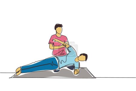Illustration for Single continuous line drawing man patient lying on the floor masseur therapist doing healing treatment massaging patient body manual sport physical therapy. One line draw design vector illustration - Royalty Free Image