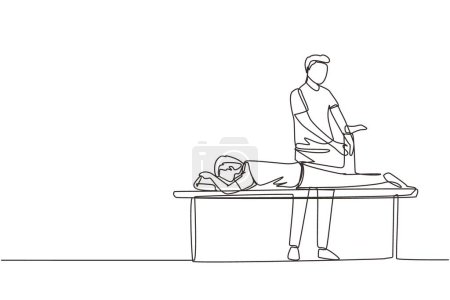 Single continuous line drawing physiotherapy rehabilitation assistance. Man patient lying on massage table therapist doing healing treatment massaging injured foot. One line draw graphic design vector