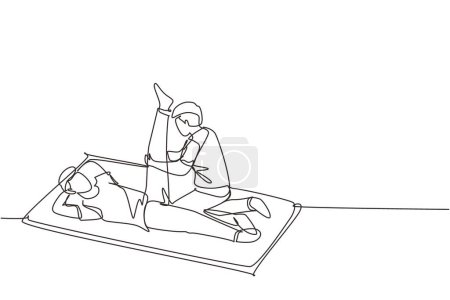 Illustration for Single one line drawing rehabilitation center. Massage therapy. Male physiotherapist giving leg massage to patient lying on the floor. Modern continuous line draw design graphic vector illustration - Royalty Free Image