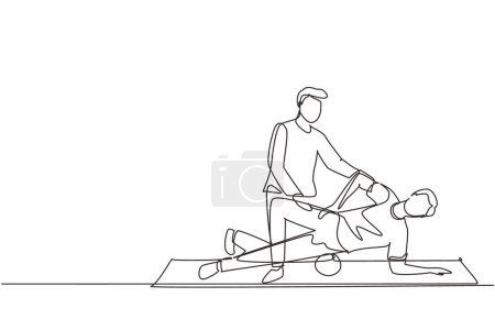 Single continuous line drawing professional male osteopath bonesetter making massage to man. Spine adjustment. Rehabilitation therapy, manual therapy. Chiropractor working. One line draw design vector