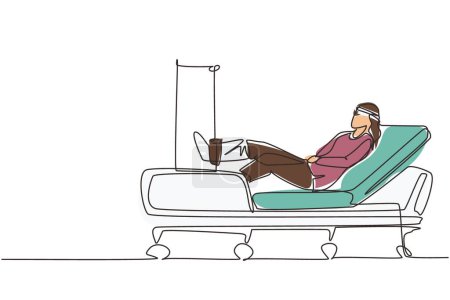 Téléchargez les illustrations : Une seule ligne continue dessin femme patient avec jambe cassée couché à l'hôpital. Hospitalisation du patient. Le malade est au lit. La jambe est bandée et fixée avec un plâtre. Un vecteur de dessin de ligne - en licence libre de droit