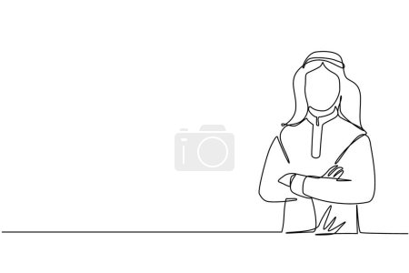 Illustration for Single continuous line drawing smiling confident Arabian man in traditional clothes, keeping arms crossed. Active businessman standing with folded arms pose. One line draw design vector illustration - Royalty Free Image