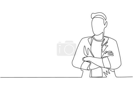 Illustration for Continuous one line drawing young businessman standing with folded arms. Smiling handsome man in casual clothes with arms crossed standing isolated. Single line draw design vector graphic illustration - Royalty Free Image