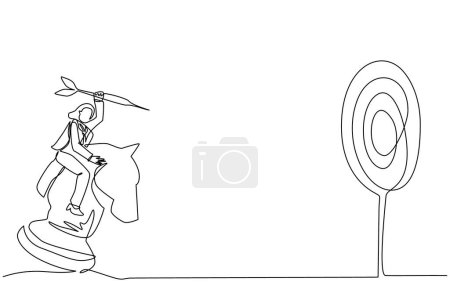 Ilustración de Continuo dibujo de una línea activa empresaria sosteniendo una flecha de dardo mientras monta pieza de caballero de ajedrez, concepto estratégico. Gerente de negocios exitoso. Ilustración gráfica vectorial de diseño de línea única - Imagen libre de derechos