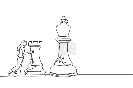 Illustration for Single one line drawing Arab businesswoman push huge rook chess piece. Business strategy and marketing plan. Strategic move in business concept. Continuous line draw design graphic vector illustration - Royalty Free Image