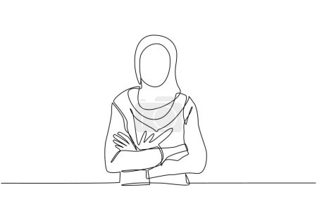 Illustration for Continuous one line drawing smiling confident Arabian woman in hijab, keeping arms crossed. Active businesswoman standing with folded arms pose. Single line draw design vector graphic illustration - Royalty Free Image