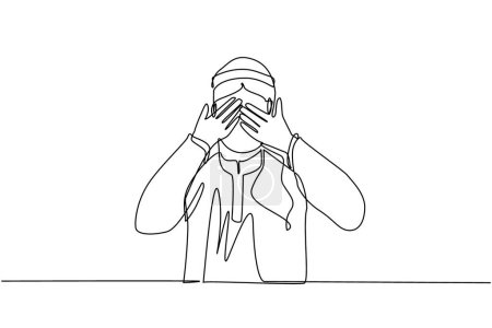 Ilustración de Una línea continua que dibuja al joven árabe cierra los ojos con las manos debido al disgusto y la renuencia a ver algo, el miedo o la tristeza aislados. Ilustración vectorial de diseño de línea única - Imagen libre de derechos