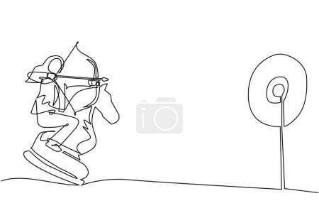 Ilustración de Una línea continua dibujando a una empresaria árabe sosteniendo tiro con arco apuntando al blanco mientras monta pieza de caballero de ajedrez, concepto estratégico. Gerente de negocios exitoso. Ilustración vectorial de diseño de línea única - Imagen libre de derechos