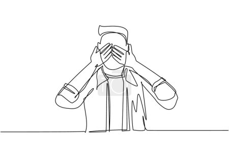 Single one line drawing young man closes his eyes with his hands because of disgust and reluctance to see something, fear or sadness isolated. Continuous line draw design graphic vector illustration