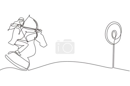 Ilustración de Una sola línea dibujando hombre de negocios árabe sosteniendo tiro con arco apuntando objetivo mientras monta pieza de caballero de ajedrez, concepto estratégico. Gerente de negocios exitoso. Línea continua dibujo diseño vector ilustración - Imagen libre de derechos