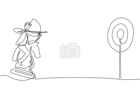 Ilustración de Continuo dibujo de una línea hombre de negocios sosteniendo tiro con arco apuntando objetivo mientras monta pieza de caballero de ajedrez, concepto estratégico. Gerente de negocios exitoso. Ilustración gráfica vectorial de diseño de línea única - Imagen libre de derechos