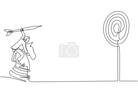 Ilustración de Una sola línea continua dibujando hombre de negocios sosteniendo una flecha de dardo mientras monta pieza de caballero de ajedrez, concepto estratégico. Gerente de negocios exitoso. Una línea dinámica dibujar ilustración vectorial diseño gráfico - Imagen libre de derechos