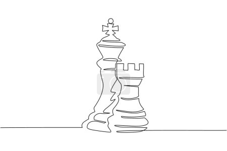 Einzeilige Zeichnung von Turm und Königsschach-Logo. Set von Emblemen und Schildern für Schachsportturniere. Erfolgreiche Herausforderung isoliert. Moderne kontinuierliche Linienzeichnung Design Grafik Vektor Illustration