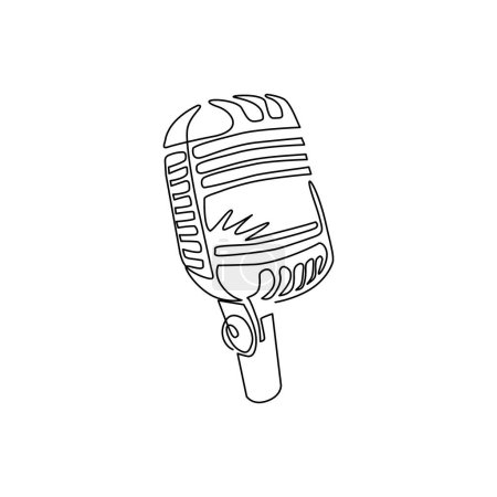 Illustration for Single continuous line drawing retro vintage microphone vector on white background. Mic silhouette. Music, voice, record icon logo. Recording studio symbol. One line draw design vector illustration - Royalty Free Image