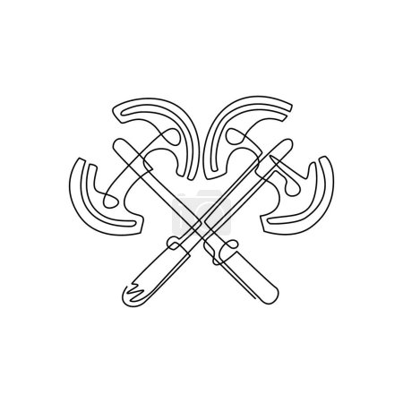 Single continuous line drawing two crossed broad axe, medieval axe, battle axe, executioner axe. Element for woodworking or lumberjack emblem or icon. One line draw graphic design vector illustration