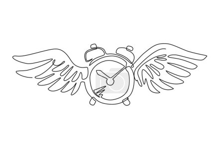 Single continuous line drawing time flies concept. Table alarm clock with wings. Flat flying clock. Time icon or symbol. Winged alarm clock flying in the sky. One line draw design vector illustration