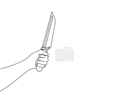 Illustration for Single one line drawing hand holding kitchen knife. Hand with knife icon. Sharp, utensil. Equipment. Knife used for topics like kitchen, cooking, chef. Continuous line draw design vector illustration - Royalty Free Image